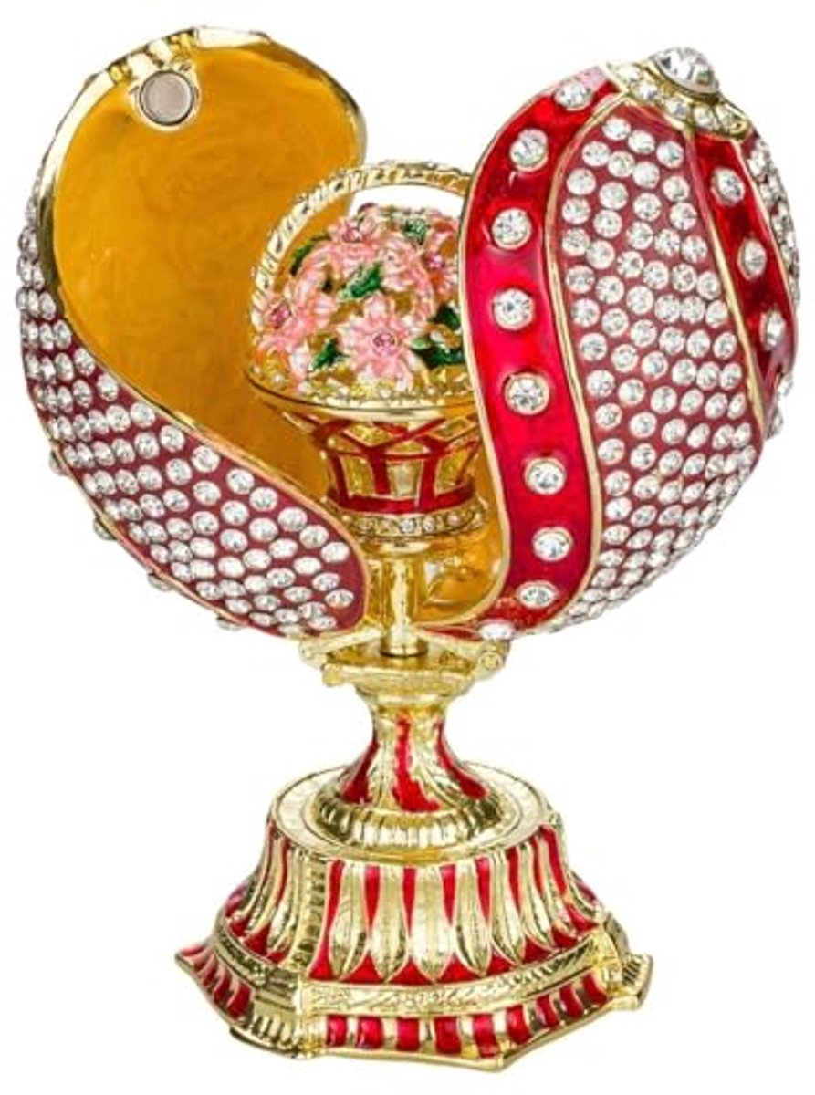 Faberge-stijl gedraaid ei juwelendoos met bloemenmandje - 12 cm in rood