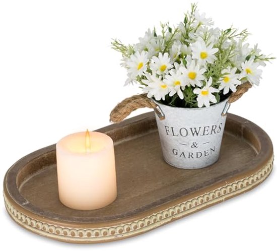 Plateau Ovale Décoratif en Bois avec Perles | Accessoire de Table Basse Vintage Rustique