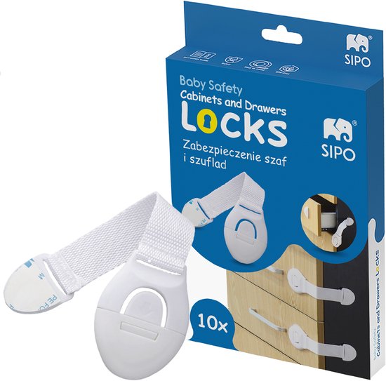 Verpakking met 'Baby Safety Cabinets and Drawers Locks' en tien witte kindersluitingen.