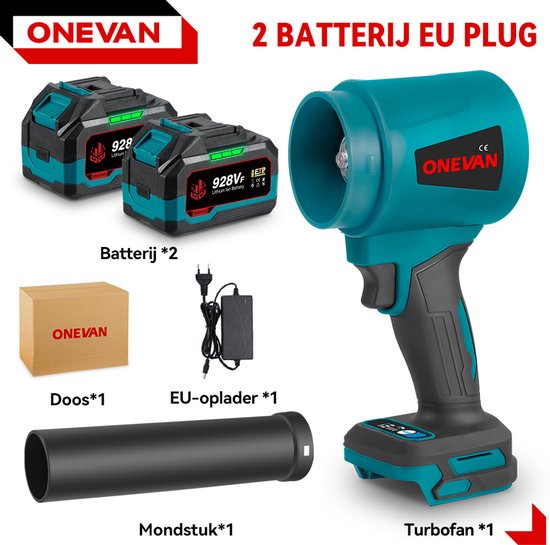ONEVAN Accu Bladblazer - 180 m/s Turbo Jet Bladblazer - Handblazer - Auto Droger - Borstelloze Motor - 60000 omw/min - Incl. 2x 4.5 Ah Accu en snellader - voor het blazen van bladeren, sneeuw en stof in de auto van ONEVAN — afbeelding 4