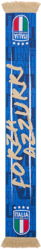 Blauwe sjaal met gouden letters "FORZA AZZURRI", "ITALIA" logo en sterren. Met franjes.