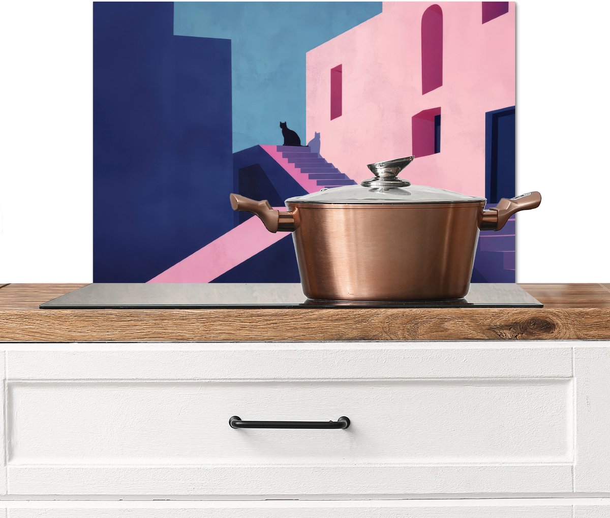 Spatscherm keuken 70x50 cm - Kookplaat achterwand Kat - Trap - Gebouwen - Schaduwcontrasten - Muurbeschermer - Spatwand fornuis - Hoogwaardig aluminium