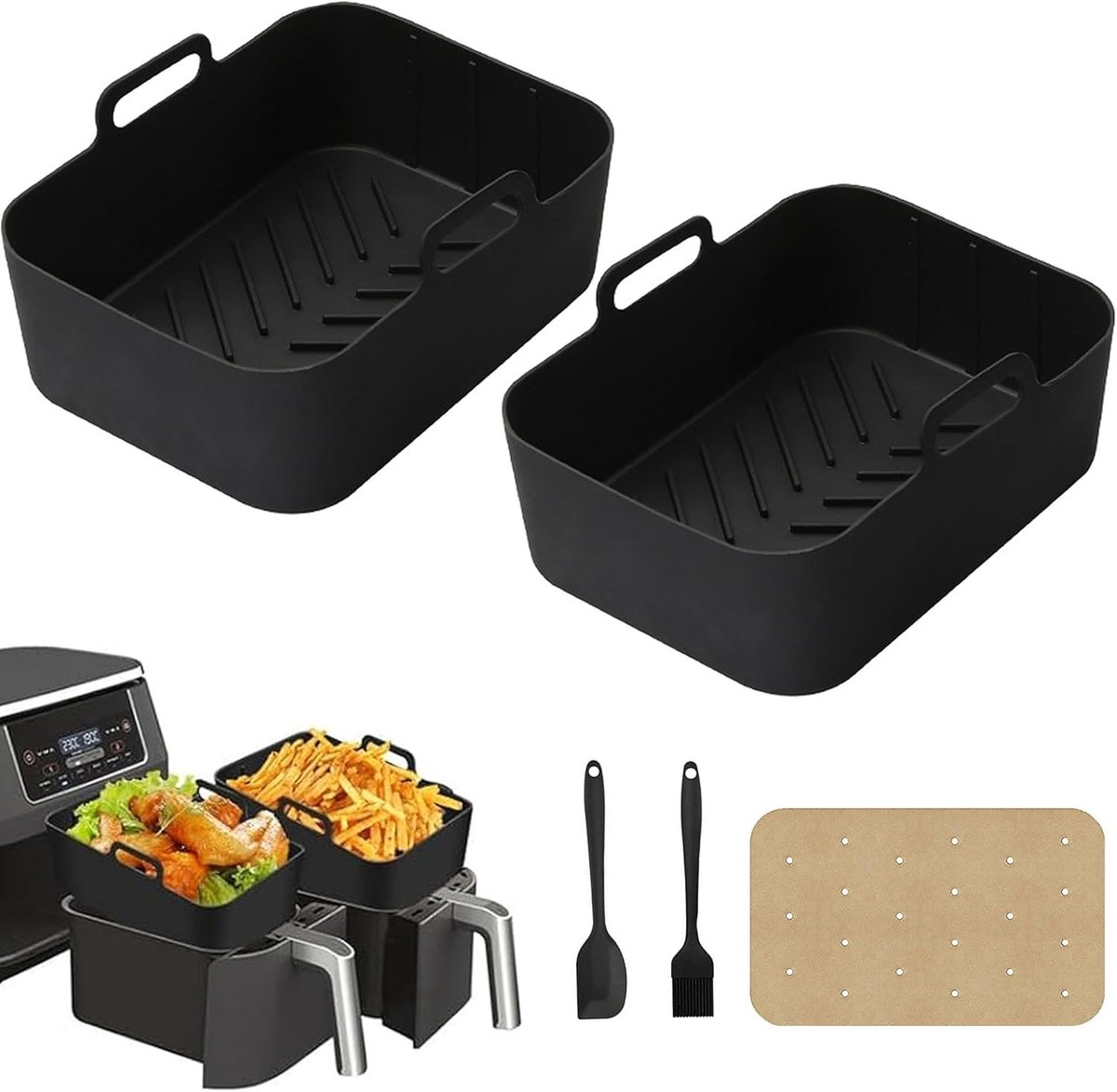 2 Pieces Silicone Air Fryer Liners - Reusable Liners - Easy Cleaning Rectangular Trays - Airfryer Accessory Including Silicone Scraper - Silicone Brush - 150 Sheets Oil Paper