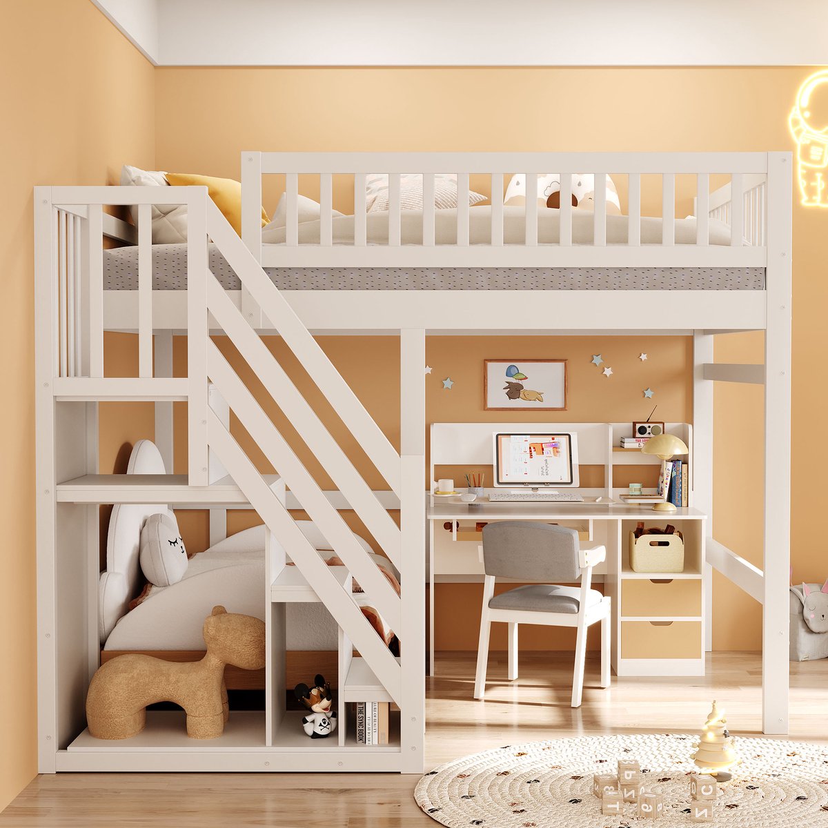 Merax Stapelbed 140x200 cm - met trap met opbergkast - hoge reling - kinderbed - wit - zonder matras