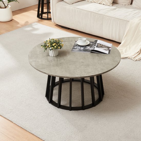 En.casa Couchtisch Buzzard – Runder Sofatisch 90x45 Cm, Mit Bambusgestell, Betonoptik & Schwarzem Rahmen – Modernes Wohnzimmerdesign