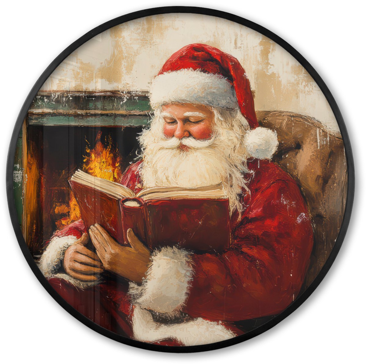 FrameYourWall Poster in lijst Rond - Fotolijst 60x60 cm - Posters - Kerst - Kerstman - Winter - Open Haard - Ronde posterlijst zwart - Decoratie - Wanddecoratie woonkamer - Muurdecoratie slaapkamer - Kerstversiering - Kerstdecoratie voor binnen - Kerstmis Kerstman - Openhaard
