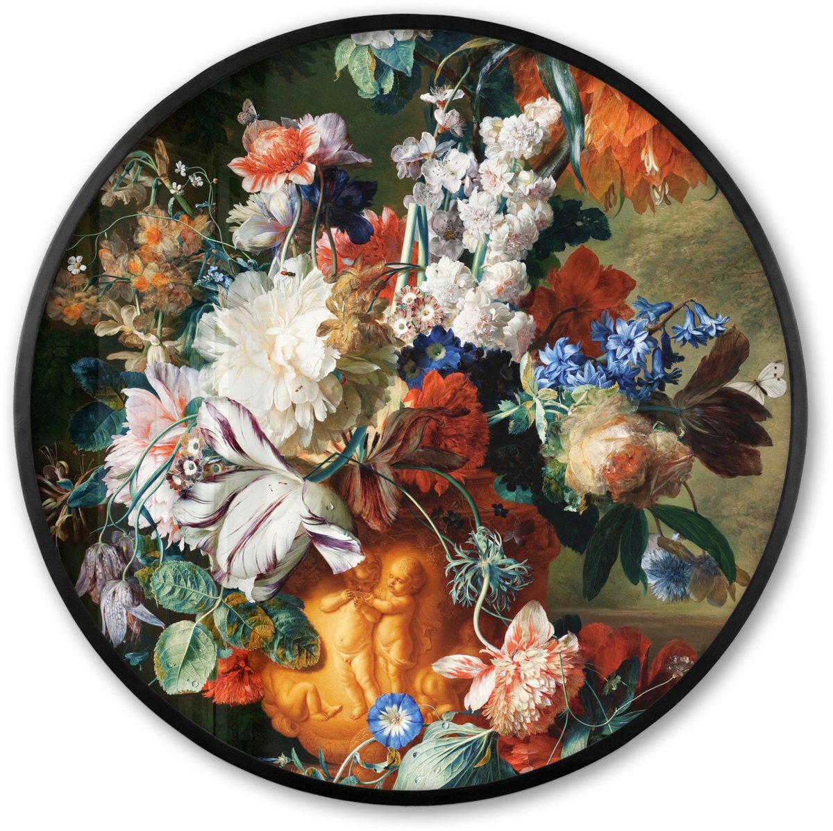 FrameYourWall Poster in lijst Rond - Fotolijst 80x80 cm - Posters - Kunst - Oude meesters - Boeket bloemen in een urn - Ronde posterlijst zwart - Decoratie - Wanddecoratie woonkamer - Muurdecoratie slaapkamer Boeket - Muursticker