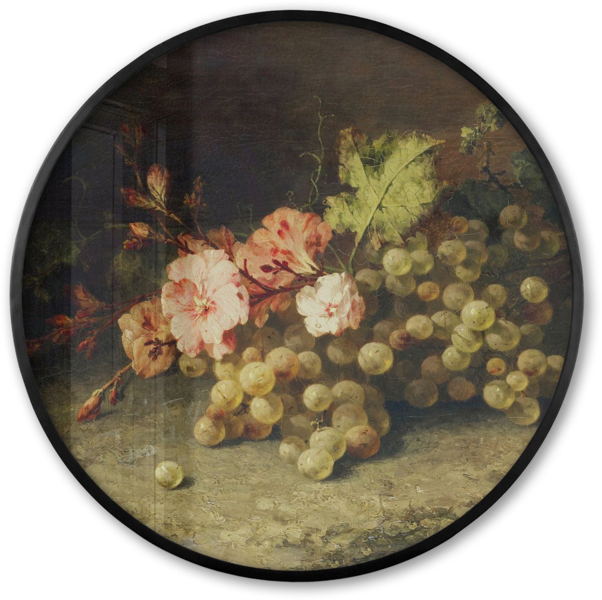 FrameYourWall Poster in lijst Rond - Fotolijst 60x60 cm - Posters - Fruit - Stilleven met druiven - Oude meesters - Ronde posterlijst zwart - Decoratie - Wanddecoratie woonkamer - Muurdecoratie slaapkamer Multicolor