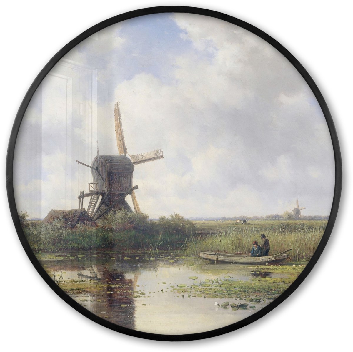 FrameYourWall Poster in lijst Rond - Fotolijst 80x80 cm - Posters - Molen - Willem Roelofs - Oude meesters - Kunst - Ronde posterlijst zwart - Decoratie - Wanddecoratie woonkamer - Muurdecoratie slaapkamer Polderlandschap met molen