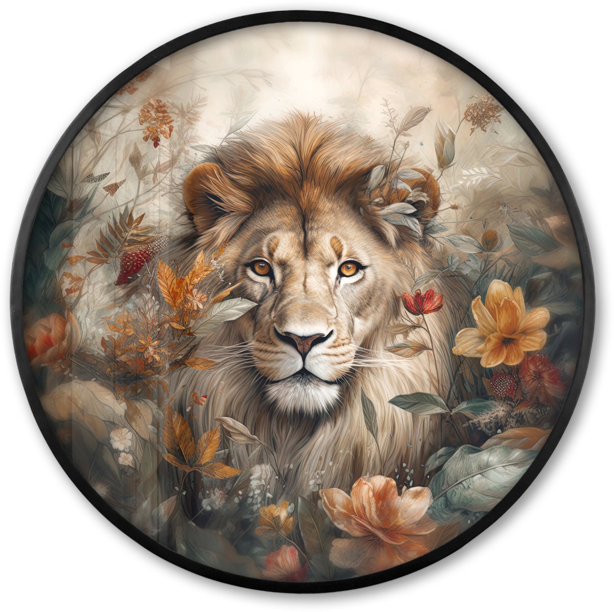 FrameYourWall Poster in lijst Rond - Fotolijst 60x60 cm - Posters - Leeuw - Wilde dieren - Planten - Natuur - Bloemen - Ronde posterlijst zwart - Decoratie - Wanddecoratie woonkamer - Muurdecoratie slaapkamer Bloemen - Leeuw