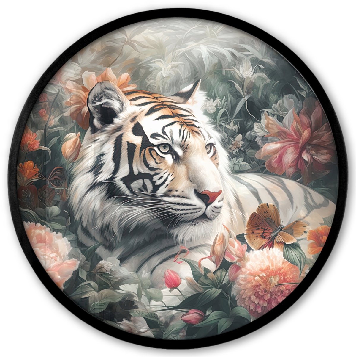 FrameYourWall Poster in lijst Rond - Fotolijst 40x40 cm - Posters - Tijger - Wilde dieren - Bloemen - Jungle - Ronde posterlijst zwart - Decoratie - Wanddecoratie woonkamer - Muurdecoratie slaapkamer Tijger - Bloemen