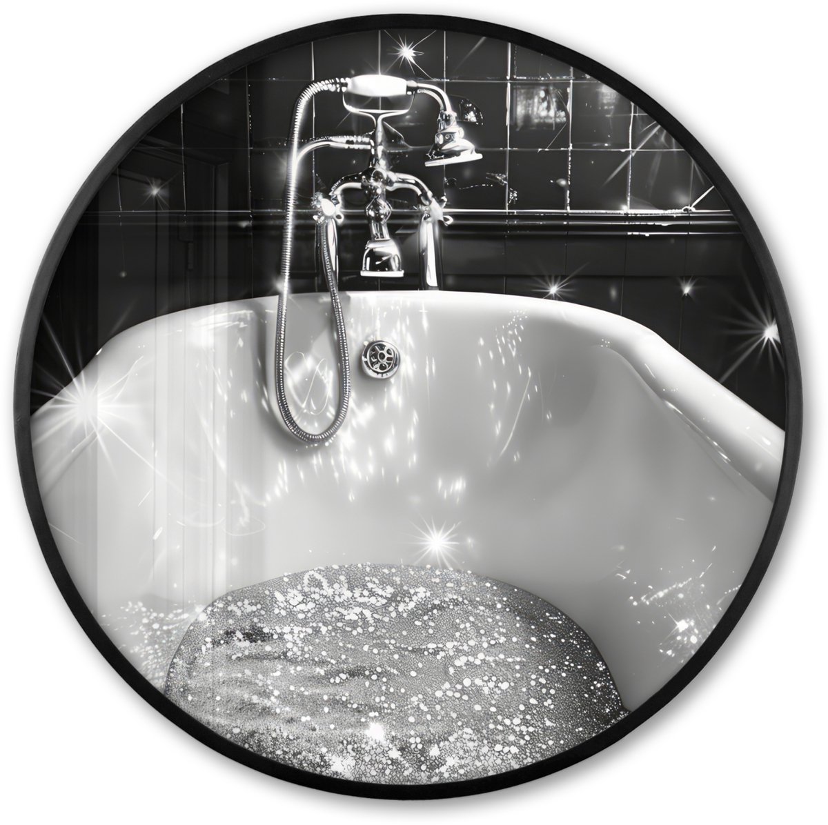FrameYourWall Poster in lijst Rond - Fotolijst 60x60 cm - Posters - Badkuip - Glitters - Zwart wit - Badkamer - Ronde posterlijst zwart - Decoratie - Wanddecoratie woonkamer - Muurdecoratie slaapkamer Glitter - Bad