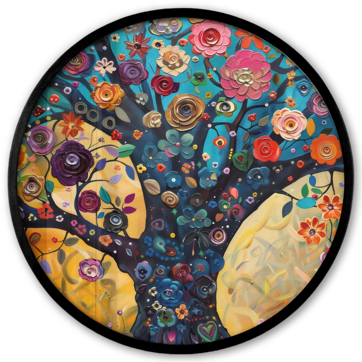 FrameYourWall Poster in lijst Rond - Fotolijst 40x40 cm - Posters - Boom - Levensboom - Kleurrijk - Bloemen - Modern - Ronde posterlijst zwart - Decoratie - Wanddecoratie woonkamer - Muurdecoratie slaapkamer