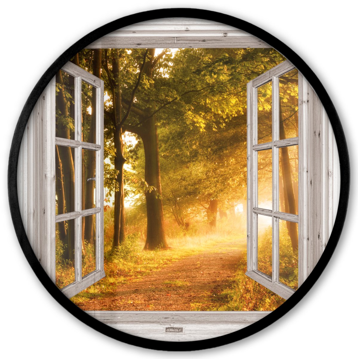 FrameYourWall Poster in lijst Rond - Fotolijst 40x40 cm - Posters - Bos - Bomen - Zonlicht - Herfst - Bospad - Natuur - Doorkijk - Ronde posterlijst zwart - Decoratie - Wanddecoratie woonkamer - Muurdecoratie slaapkamer