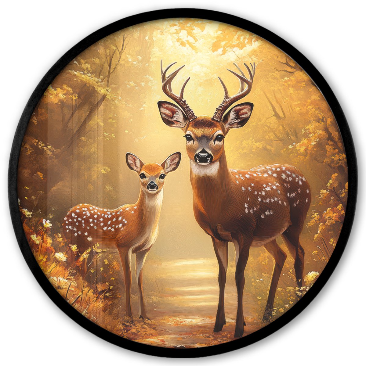 FrameYourWall Poster in lijst Rond - Fotolijst 40x40 cm - Posters - Herfst - Bos - Herten - Bosdieren - Natuur - Bruin - Ronde posterlijst zwart - Decoratie - Wanddecoratie woonkamer - Muurdecoratie slaapkamer