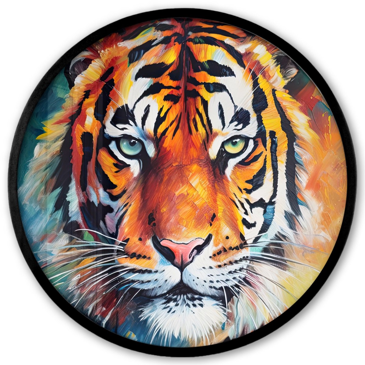 FrameYourWall Poster in lijst Rond - Fotolijst 40x40 cm - Posters - Tijger - Dieren - Olieverf - Kunst - Ronde posterlijst zwart - Decoratie - Wanddecoratie woonkamer - Muurdecoratie slaapkamer Tijger - Verf