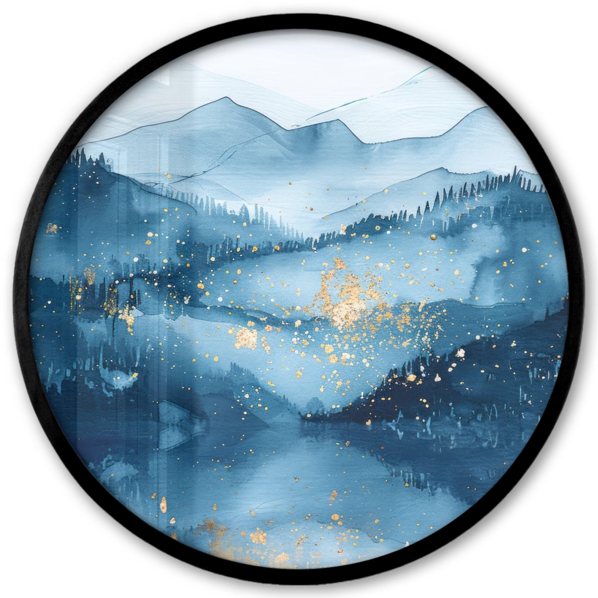 FrameYourWall Poster in lijst Rond - Fotolijst 40x40 cm - Posters - Landschap - Blauw - Modern - Goud - Abstract - Ronde posterlijst zwart - Decoratie - Wanddecoratie woonkamer - Muurdecoratie slaapkamer