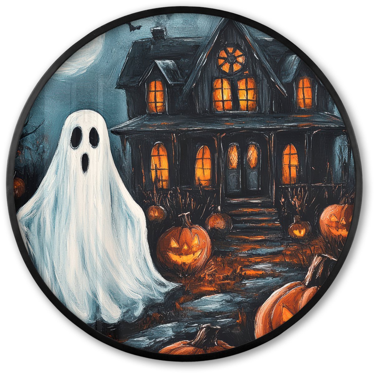 FrameYourWall Poster in lijst Rond - Fotolijst 80x80 cm - Posters - Halloween - Spookhuis - Pompoen - Spook - Ronde posterlijst zwart - Decoratie - Wanddecoratie woonkamer - Muurdecoratie slaapkamer