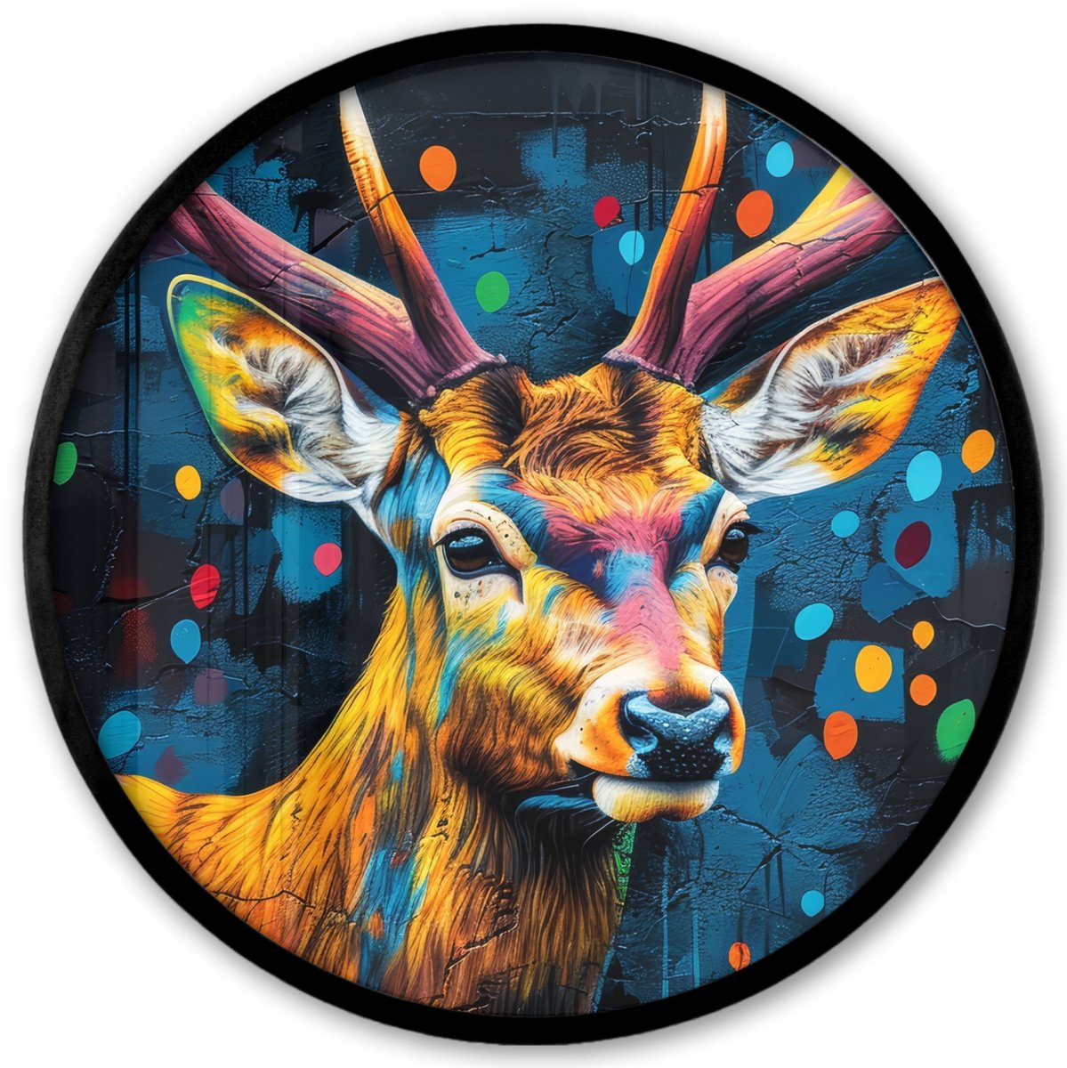 FrameYourWall Poster in lijst Rond - Fotolijst 40x40 cm - Posters - Graffiti - Hert - Dier - Kleurrijk - Ronde posterlijst zwart - Decoratie - Wanddecoratie woonkamer - Muurdecoratie slaapkamer