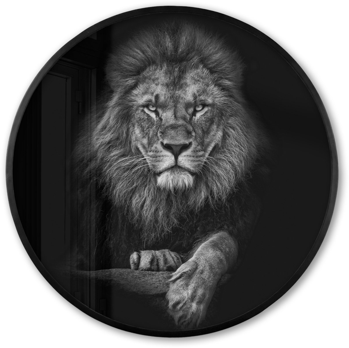 FrameYourWall Poster in lijst Rond - Fotolijst 80x80 cm - Posters - Leeuw - Dieren - Zwart - Wit - Ronde posterlijst zwart - Decoratie - Wanddecoratie woonkamer - Muurdecoratie slaapkamer Leeuw - Zwart wit