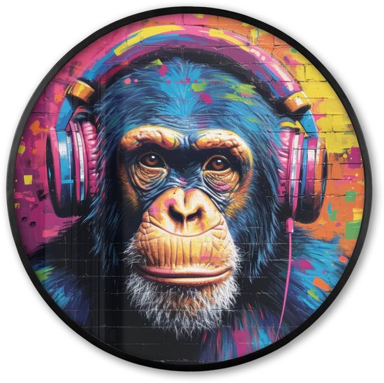 Poster in lijst Rond - Fotolijst 60x60 cm - Posters - Graffiti - Chimpansee - Street art - Koptelefoon - Aap - Ronde posterlijst zwart - Decoratie - Wanddecoratie woonkamer - Muurdecoratie slaapkamer