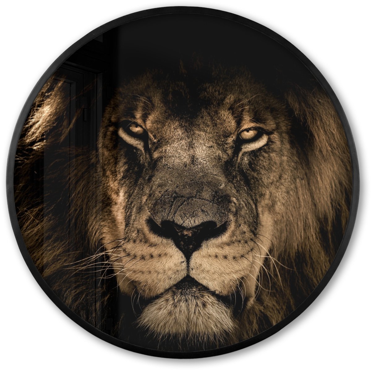 FrameYourWall Poster in lijst Rond - Fotolijst 60x60 cm - Posters - Leeuw - Dieren - Zwart - Portret - Ronde posterlijst zwart - Decoratie - Wanddecoratie woonkamer - Muurdecoratie slaapkamer Leeuw - Portret - Zwart