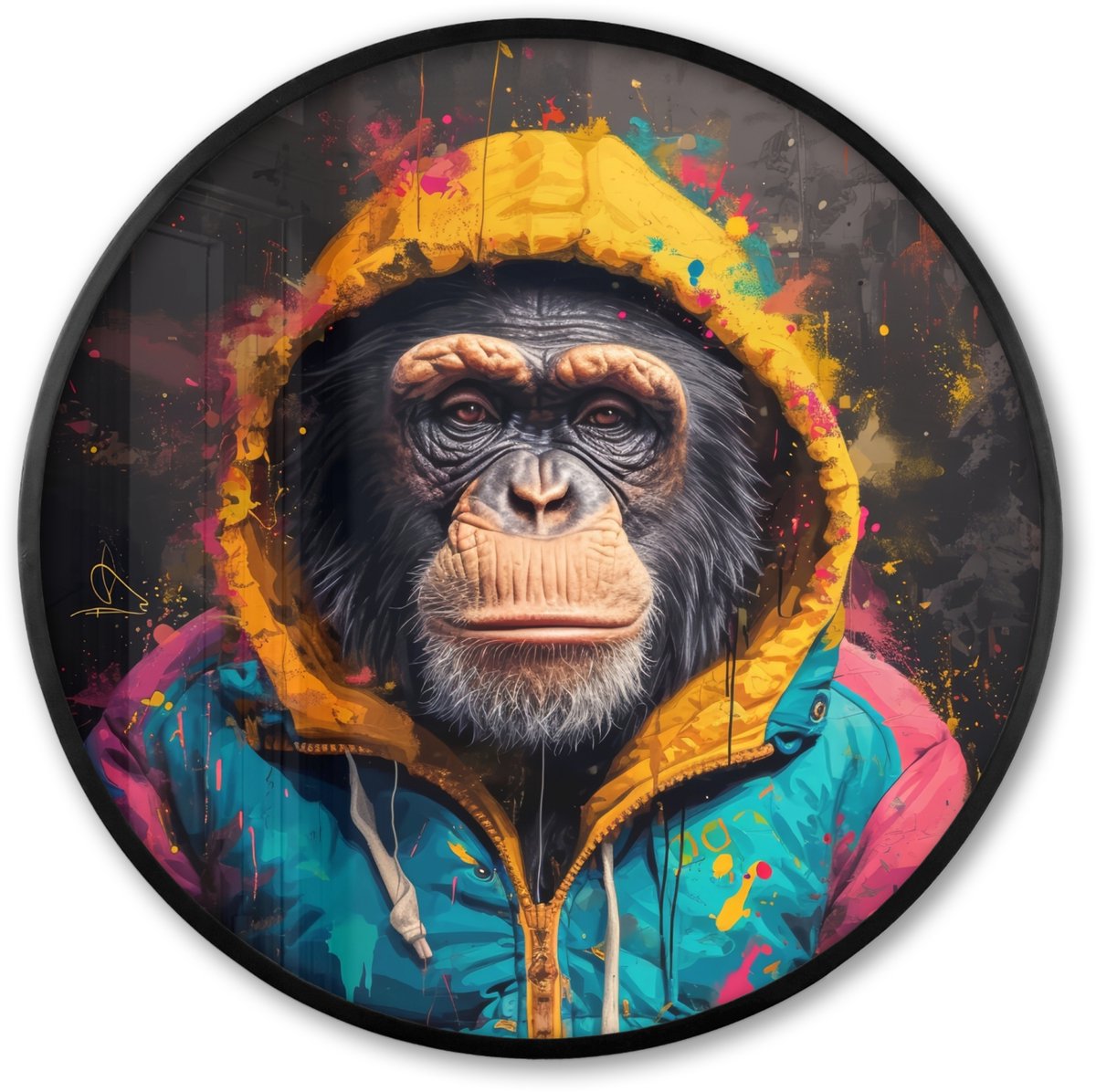 FrameYourWall Poster in lijst Rond - Fotolijst 60x60 cm - Posters - Graffiti - Chimpansee - Jas - Aap - Verf - Ronde posterlijst zwart - Decoratie - Wanddecoratie woonkamer - Muurdecoratie slaapkamer
