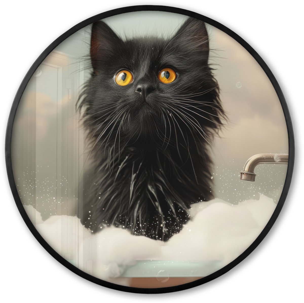FrameYourWall Poster in lijst Rond - Fotolijst 80x80 cm - Posters - Kat - Bad - Zwart - Dieren - Schuim - Ronde posterlijst zwart - Decoratie - Wanddecoratie woonkamer - Muurdecoratie slaapkamer