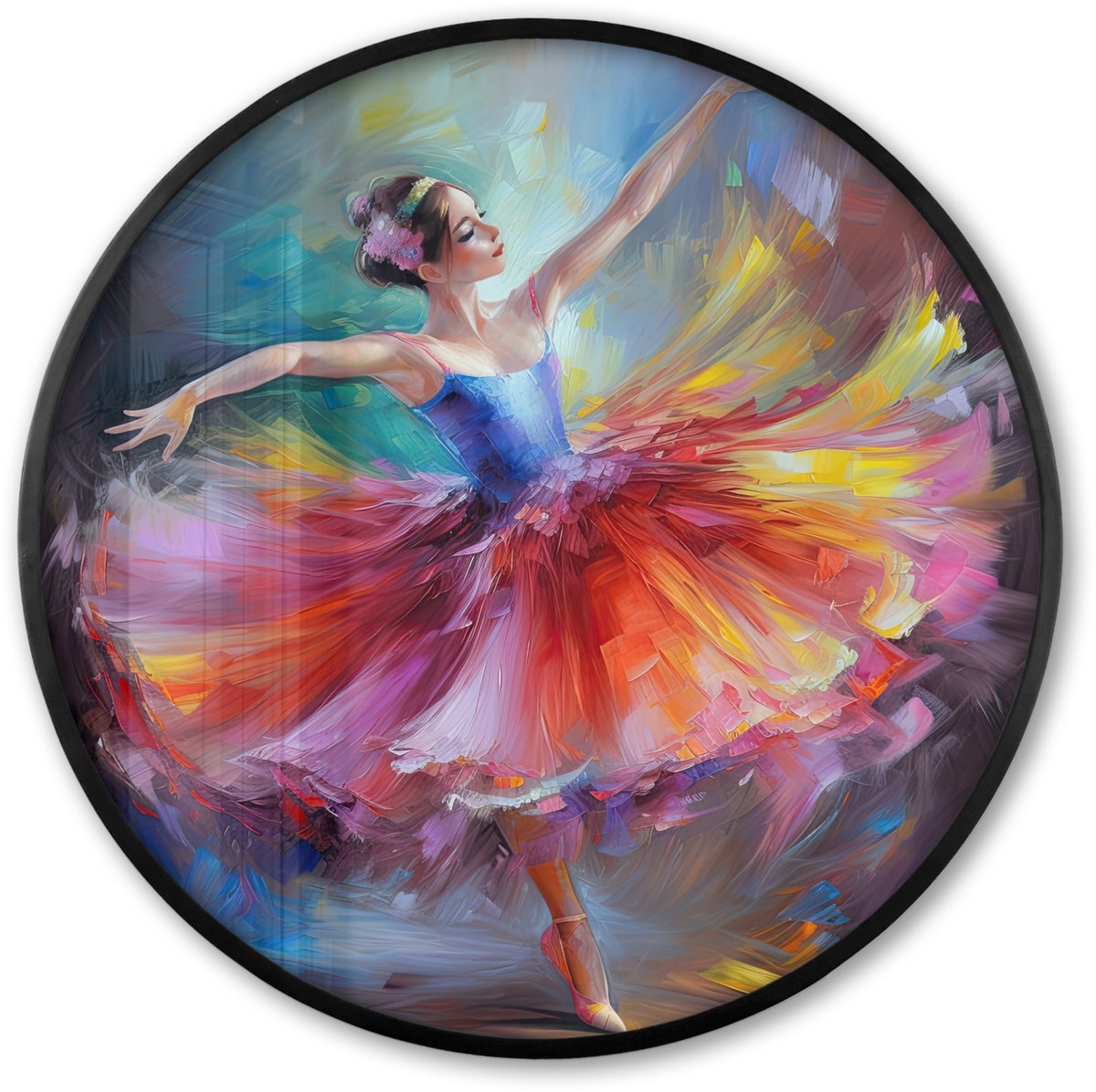 FrameYourWall Poster in lijst Rond - Fotolijst 60x60 cm - Posters - Schilderij - Olieverf - Dans - Ballerina - Ronde posterlijst zwart - Decoratie - Wanddecoratie woonkamer - Muurdecoratie slaapkamer Balerina - Kleuren