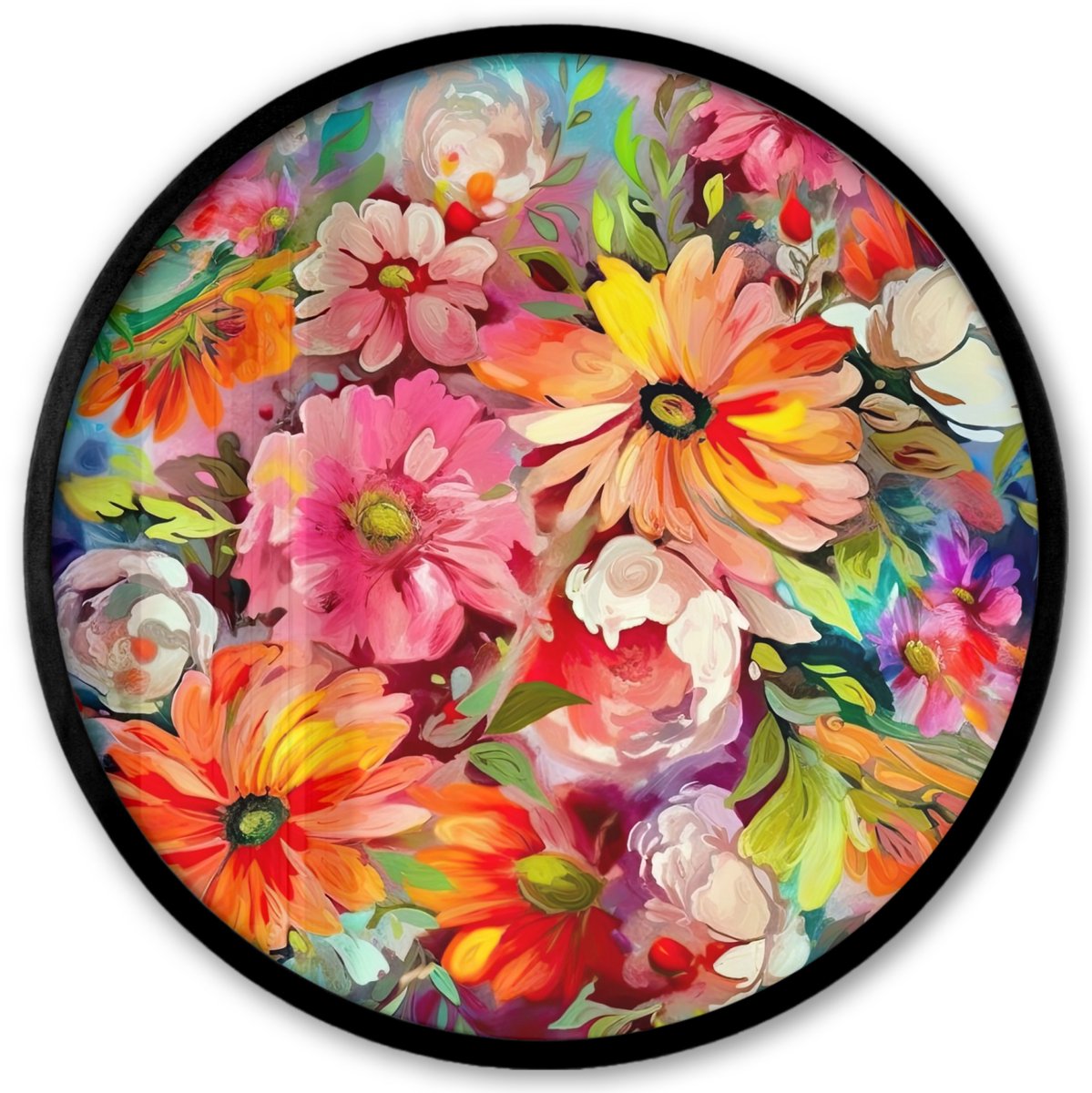 FrameYourWall Poster in lijst Rond - Fotolijst 40x40 cm - Posters - Bloemen - Kunst - Schilderij - Botanisch - Ronde posterlijst zwart - Decoratie - Wanddecoratie woonkamer - Muurdecoratie slaapkamer Bloemen - Oil Painting