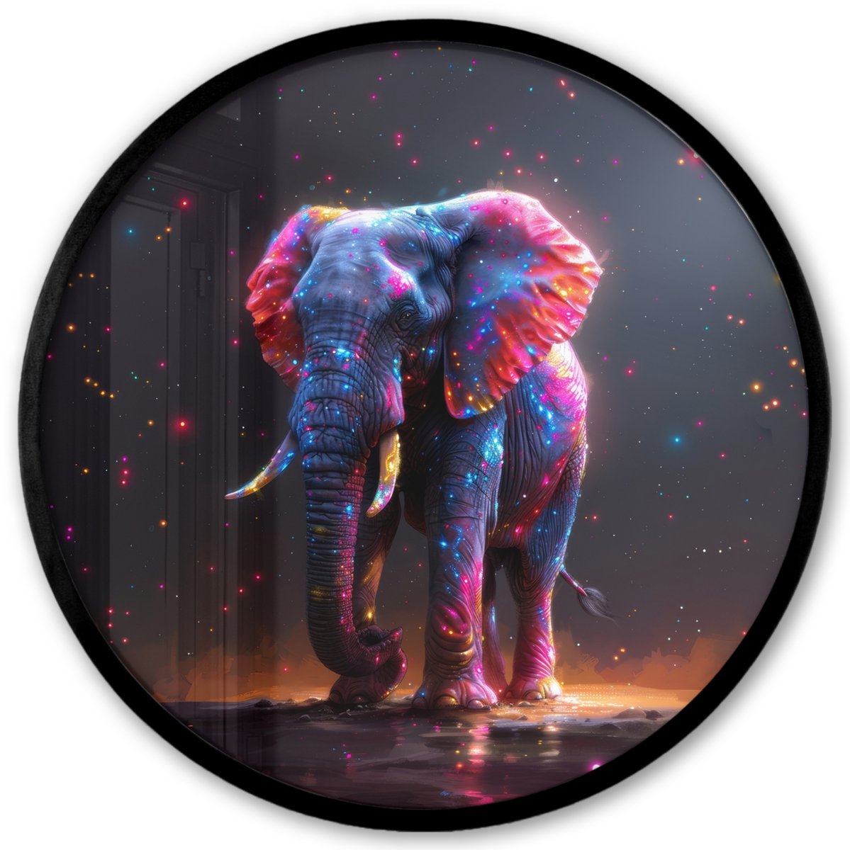 FrameYourWall Poster in lijst Rond - Fotolijst 40x40 cm - Posters - Olifant - Kleuren - Sterren - Dier - Ronde posterlijst zwart - Decoratie - Wanddecoratie woonkamer - Muurdecoratie slaapkamer