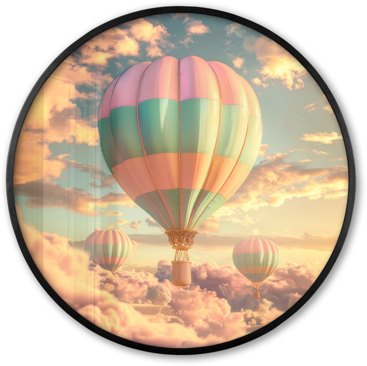 FrameYourWall Poster in lijst Rond - Fotolijst 80x80 cm - Posters - Luchtballon - Dromen - Wolken - Lucht - Ronde posterlijst zwart - Decoratie - Wanddecoratie woonkamer - Muurdecoratie slaapkamer Luchtballonnen