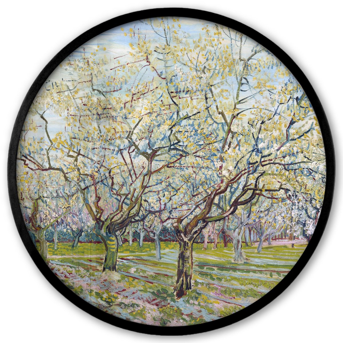 FrameYourWall Poster in lijst Rond - Fotolijst 40x40 cm - Posters - Boomgaard in bloei - Vincent van Gogh - Ronde posterlijst zwart - Decoratie - Wanddecoratie woonkamer - Muurdecoratie slaapkamer Boomgaard - Van Gogh
