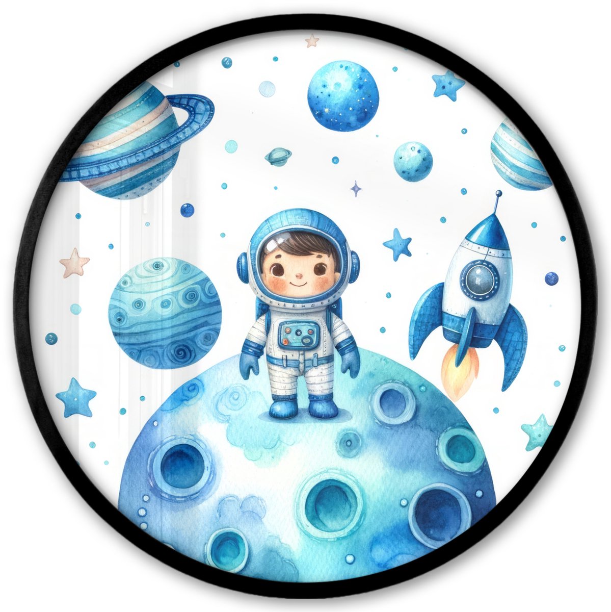 FrameYourWall Poster in lijst Rond - Fotolijst 40x40 cm - Posters - Ruimte - Blauw - Astronaut - Sterren - Planeten - Ronde posterlijst zwart - Decoratie - Wanddecoratie woonkamer - Muurdecoratie slaapkamer Ruimte - Planeten
