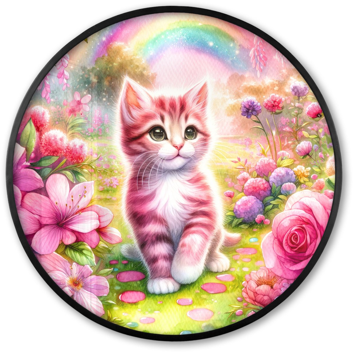 FrameYourWall Poster in lijst Rond - Fotolijst 60x60 cm - Posters - Kitten - Roze - Kat - Regenboog - Bloemen - Ronde posterlijst zwart - Decoratie - Wanddecoratie woonkamer - Muurdecoratie slaapkamer