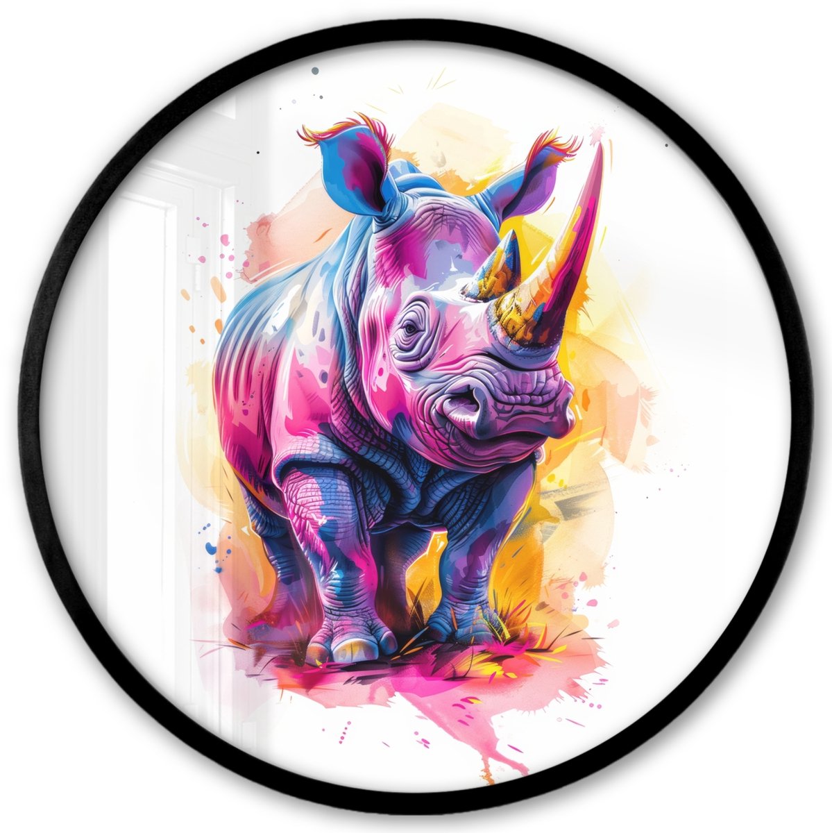 FrameYourWall Poster in lijst Rond - Fotolijst 40x40 cm - Posters - Neushoorn - Kleurrijk - Verf - Dieren - Ronde posterlijst zwart - Decoratie - Wanddecoratie woonkamer - Muurdecoratie slaapkamer