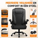 Zwarte ergonomische bureaustoel met verstelbare hoofdsteun, ademende zitting, zachte armleuningen en metalen basis voor 120kg.