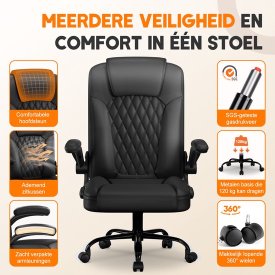 Zwarte ergonomische bureaustoel met verstelbare hoofdsteun, ademende zitting, zachte armleuningen en metalen basis voor 120kg.