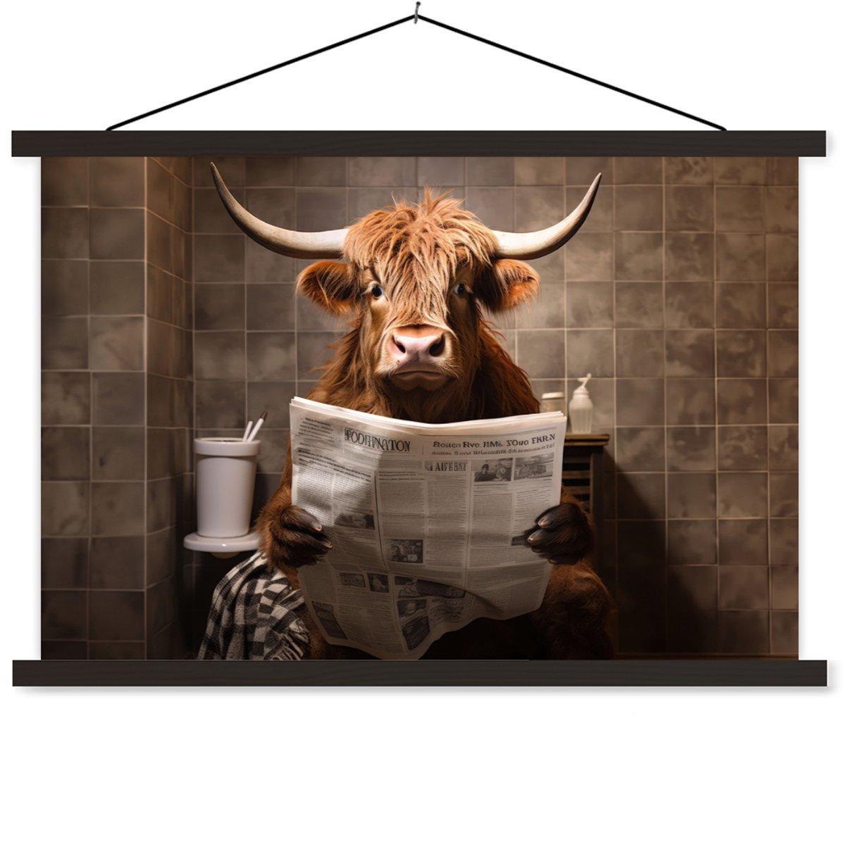 Posterhanger incl. Poster 120x80 cm - Schoolplaat - Schotse hooglander - Krant - Toilet -