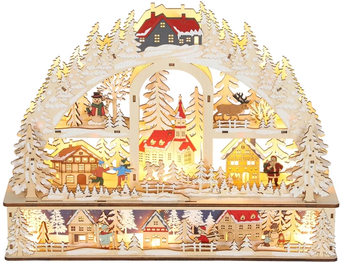 Kerstdorp in Winterwonderland - Kerststad met Sneeuwpop, Rendier en Bomen - met LED-verlichting - Meerlagig - Natuurlijk Hout - 45x10x35 cm