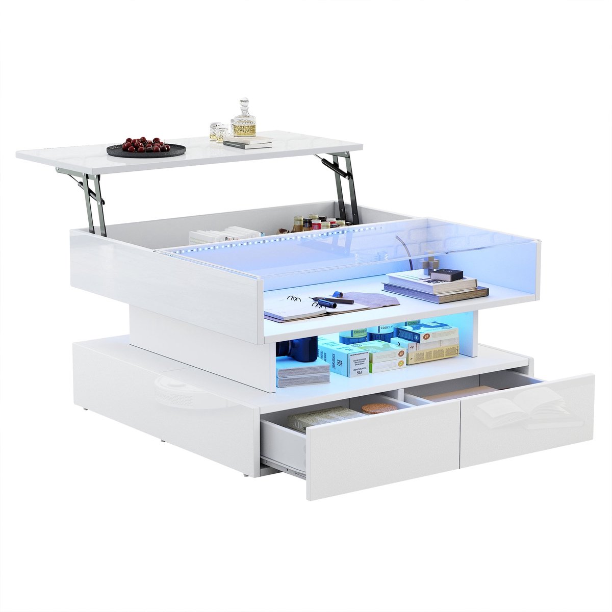 Merax Salontafel 80 x 80 x 45 cm – Verstelbare Hoogglans Witte Koffietafel – LED Verlichting – Gehard Glas – 2 Lades – Verborgen Opbergruimte – Moderne Design Tafel voor Woonkamer