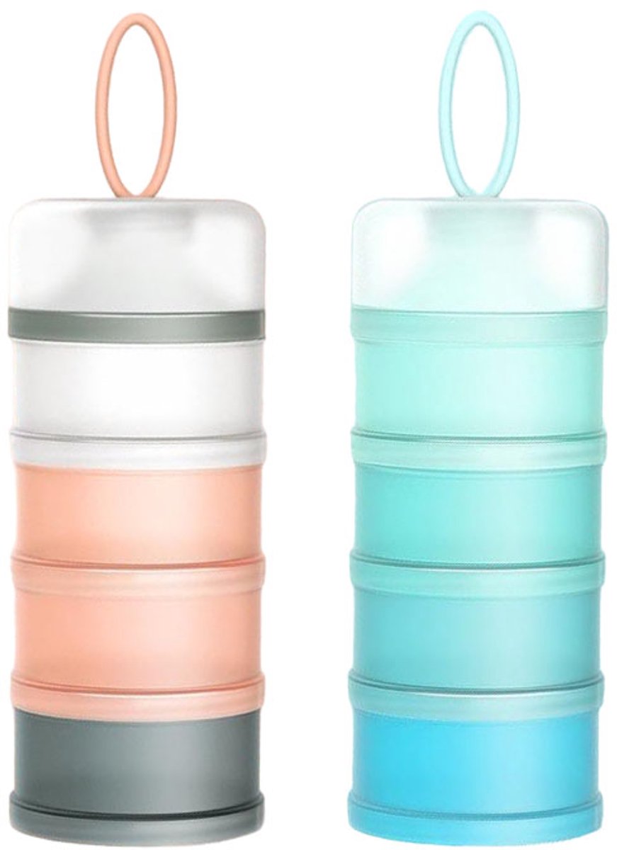 Image of 2 Poederschepjes Babymelkpoeder Dispenser - 480ml Stapelbare Babyvoeding - 4-laags Draagbare Melkpoeder Container - Granen - Voedsel - Fruit - Snacks - Roze en Blauw