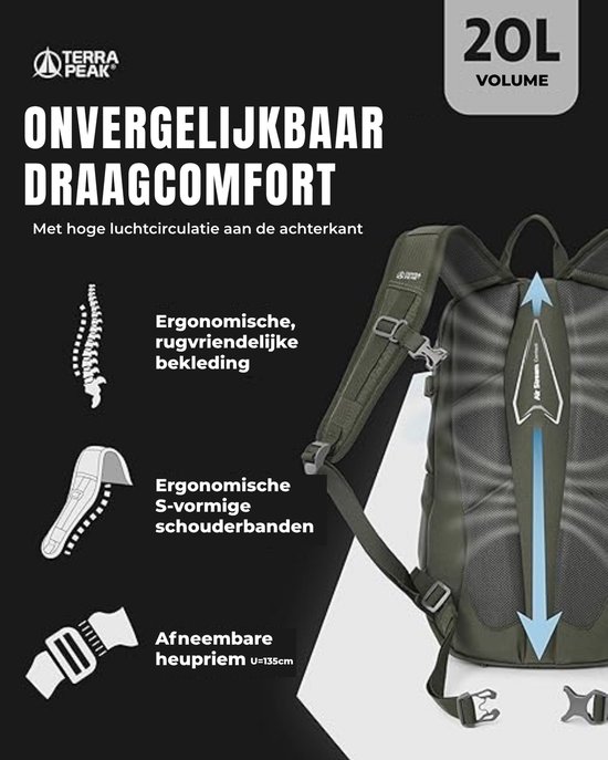 Terra Peak wandelrugzak 20L Flex 20 Premium (klein) met rugventilatie, drinksysteem en regenhoes - Trekkingrugzak van ademend 3D Air Mesh polyester - Outdoor dagrugzak met heupriem