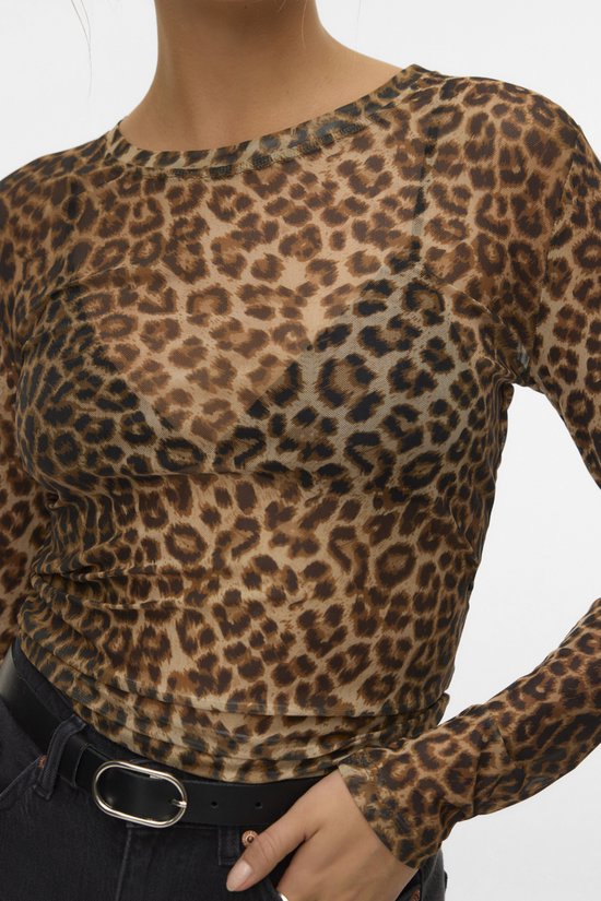 Bruin mesh top met lange mouwen en luipaardprint.