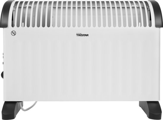 Witte Tristar convector kachel met zwarte voetjes en zwarte handvatten aan de zijkanten. Logo 'TRISTAR' in het midden.