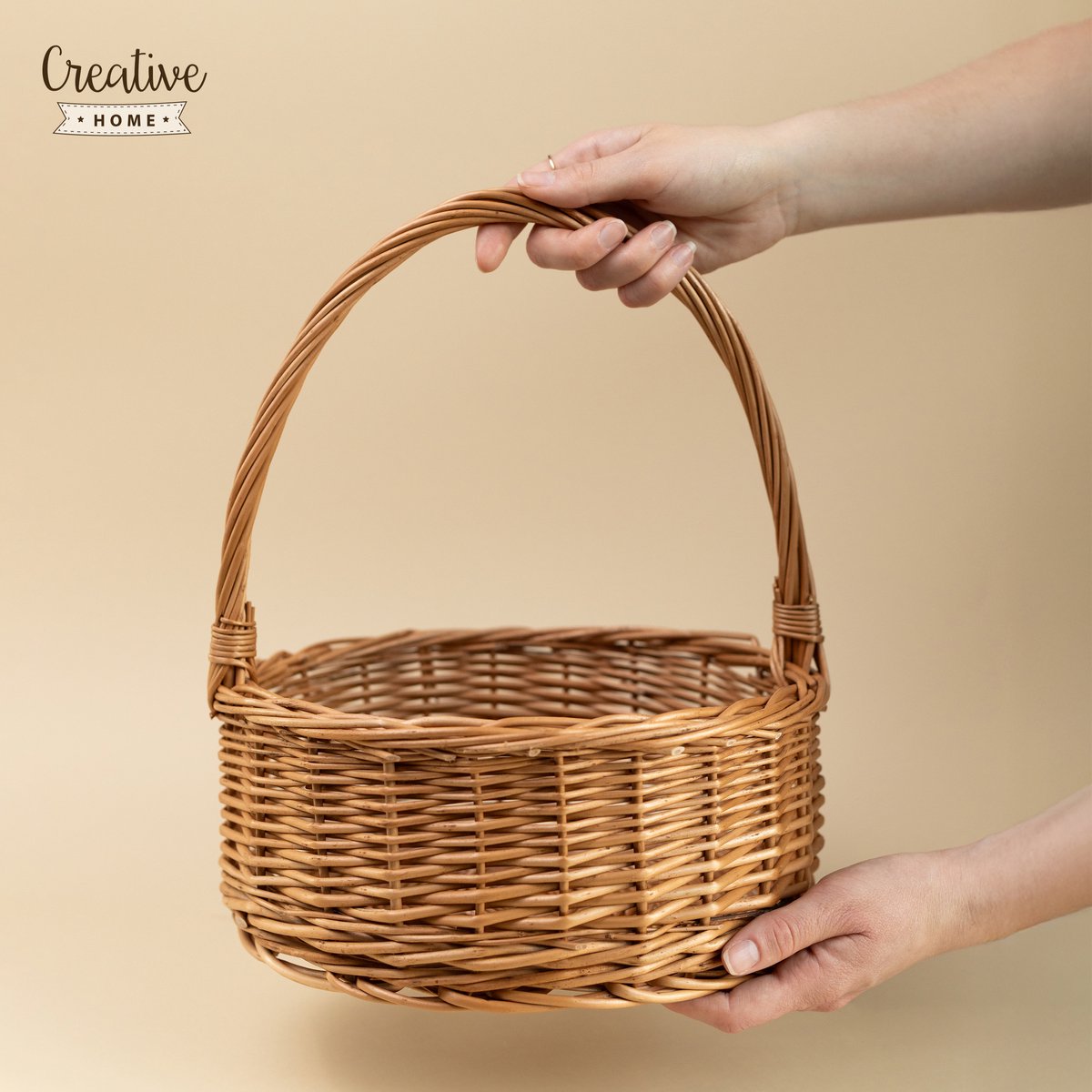 Creative Home Paasmand ovaal rieten mandje met handvat tuin | 30x30x32 cm (+/- 2 cm) | tuinmand cadeaumand universeel, fruitmand, strijkmand