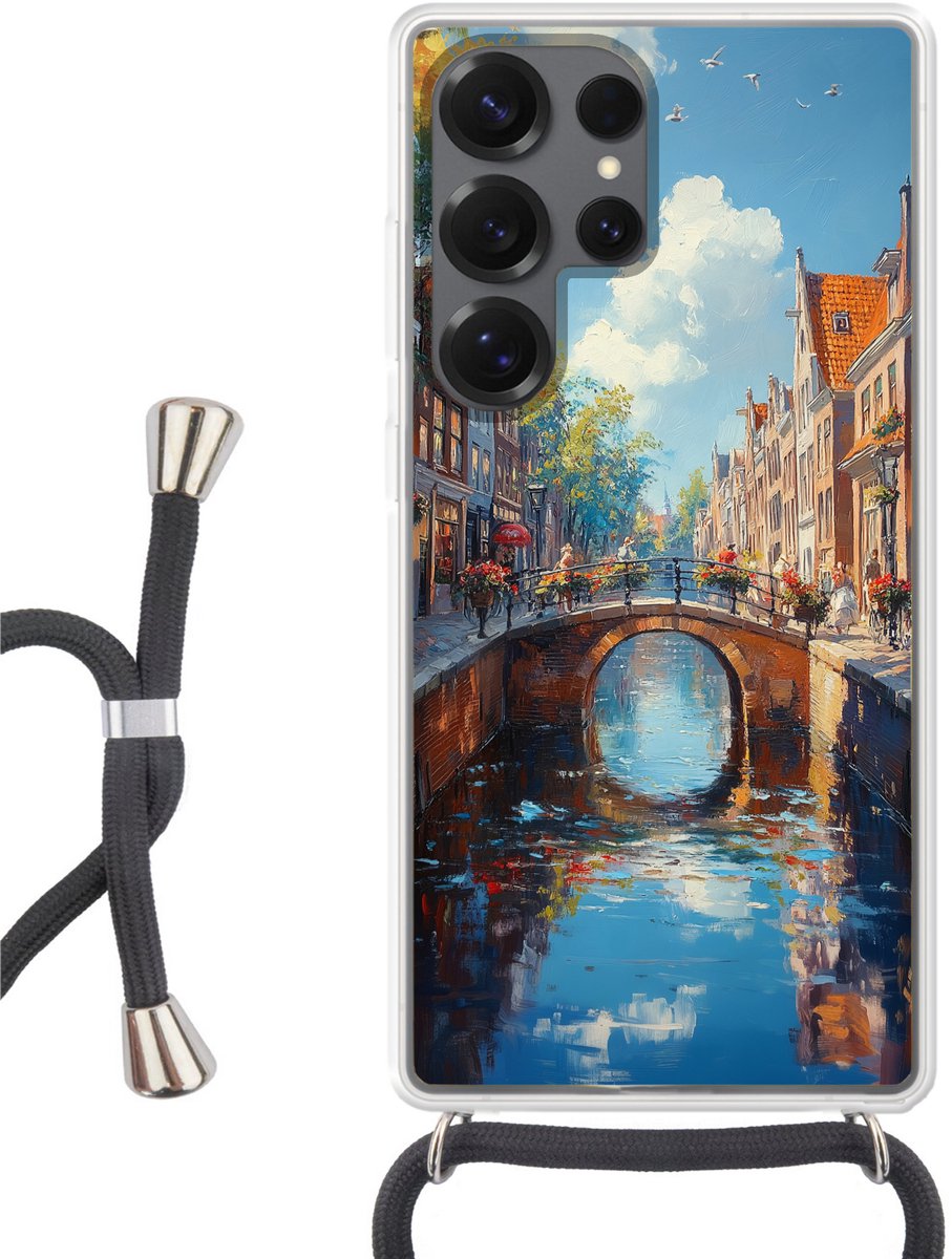 Telefoonhoesje Geschikt voor Samsung Galaxy S25 Ultra - Stad - Gracht - Zon - Fietsen - Siliconen - Crossbody - Backcover met Koord - Telefoonhoesje met koord - Hoesje met touw Telefoonhoesje