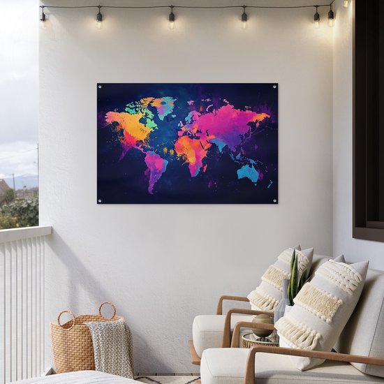 Tuinposter 120x80 cm - Tuindecoratie Wereldkaart - Kleurrijk - Graffiti - Poster voor in de tuin - Buiten decoratie - Schutting tuinschilderij - Tuindoek muurdecoratie - Wanddecoratie balkondoek