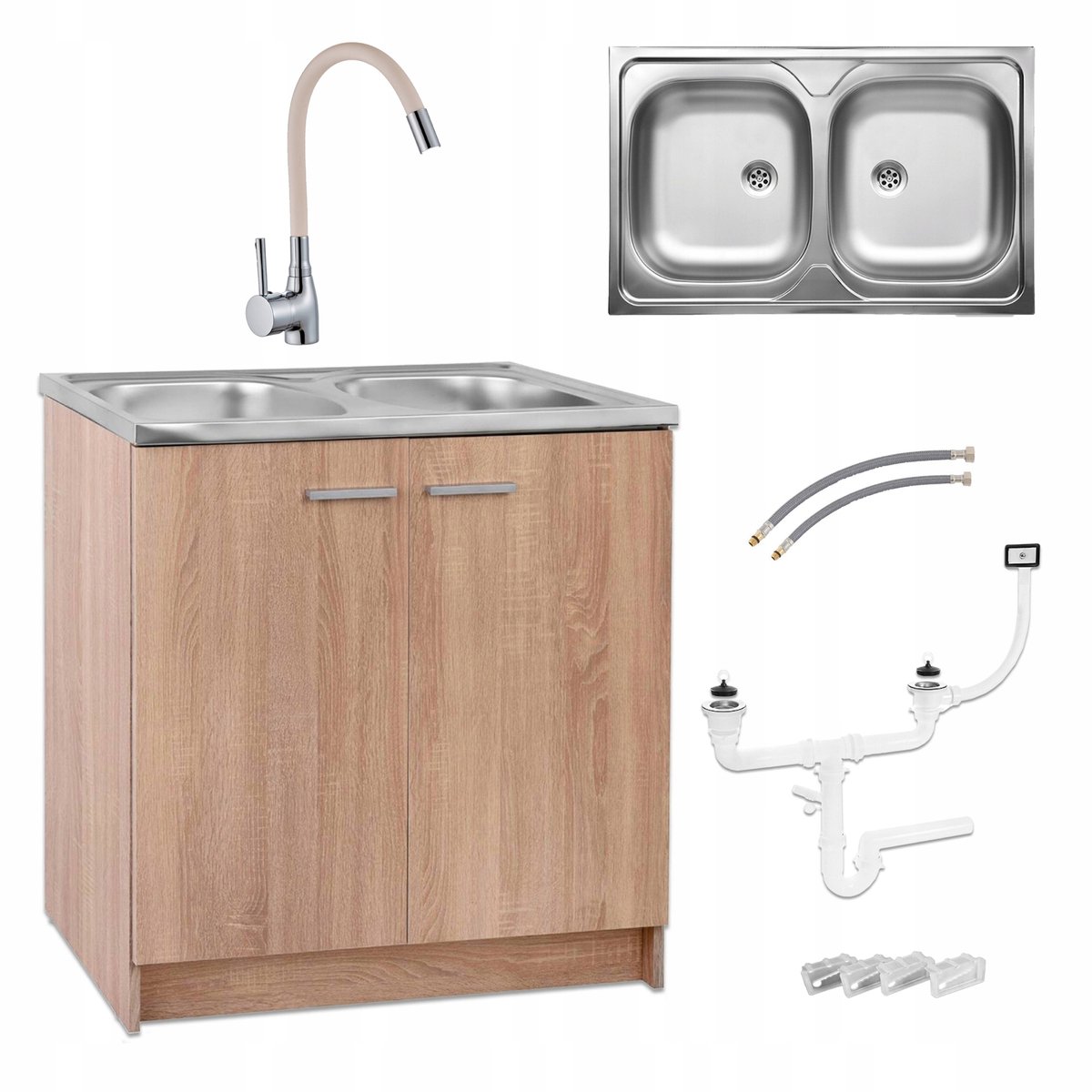 STAMAR - Keukenkast Eiken Sonoma 80 - Spoelbak 2 Kompartimenten - Flexibele Kraan - Beige