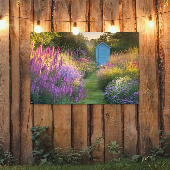 Affiche de jardin 120x80 cm - Décoration de jardin Maison de jardin - Blauw - Fleurs - Affiche pour le jardin - Décoration extérieure - Tableau de jardin clôture - Décoration murale en tissu de jardin - Décoration murale en tissu de balcon